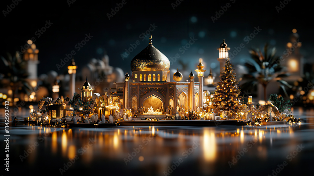 Obraz premium glowing nativity scene with golden accents, featuring majestic structure and festive decorations, evokes warm holiday spirit