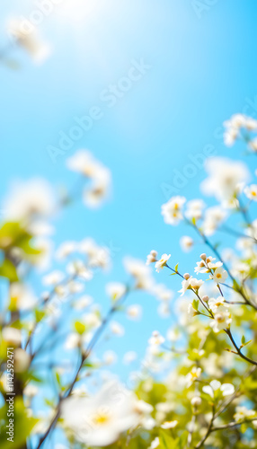 A fresh spring blue sunny sky background with blurred warm sunny glow, Diffused lighting. isolated with white highlights