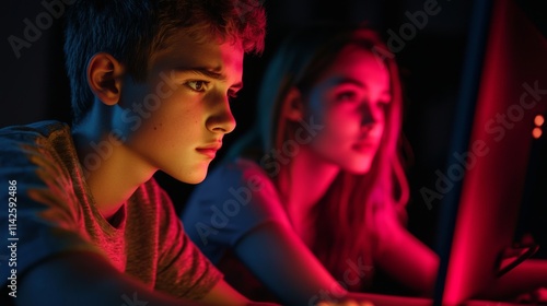 Wallpaper Mural A focused pair of teenagers engaged with a brightly lit computer screen in a dark environment, highlighting their concentration and the vibrant colors around them. Torontodigital.ca