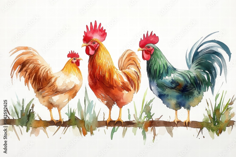 Fototapeta premium Colorful Watercolor Painting of Three Roosters on a Branch