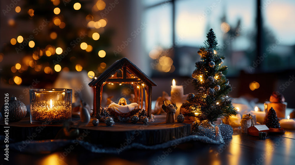 peaceful nativity scene with soft lighting, candles, and decorations creates warm holiday atmosphere peaceful nativity scene with soft lighting, candles, and decorations creates warm holiday atmosphere