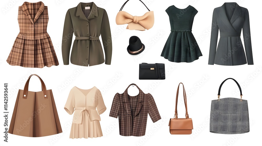 A flat lay of stylish women's outfits with elegant garments and trendy accessories, featuring modern cuts and timeless designs. seasonal fashion pieces suitable for summer or winter. A flat lay of stylish women's outfits with elegant garments and trendy accessories, featuring modern cuts and timeless designs. seasonal fashion pieces suitable for summer or winter.