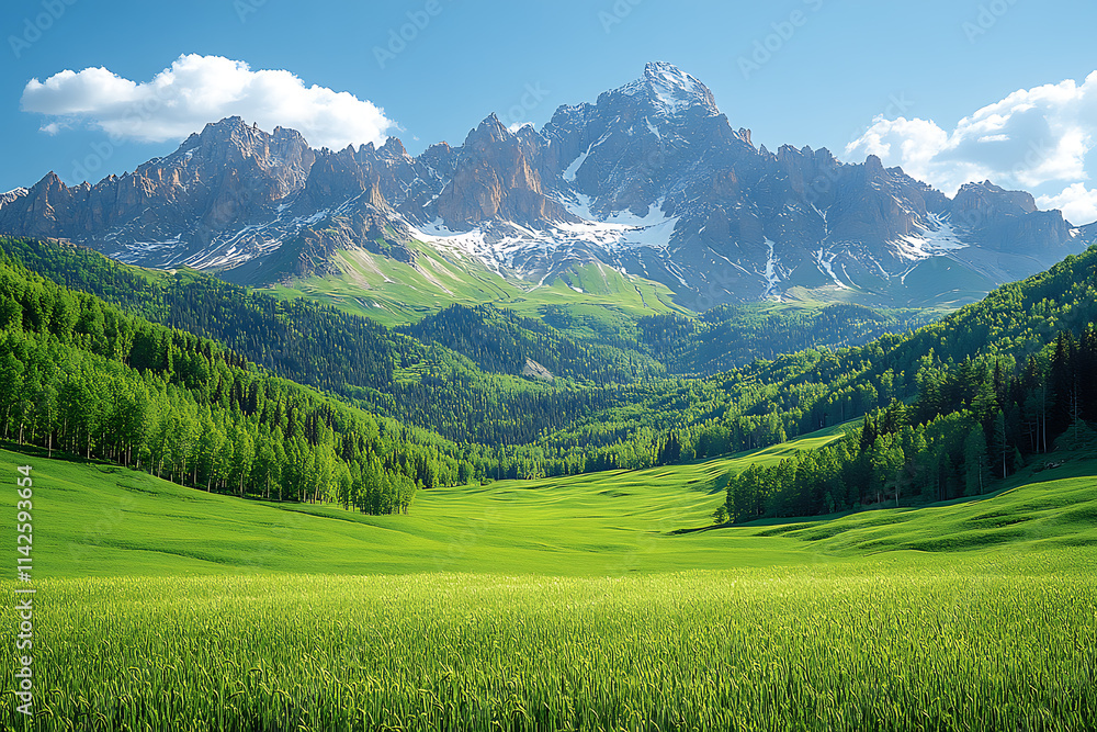 A serene landscape of wide green fields stretching towards majestic mountains in the background. The vibrant greenery contrasts beautifully with the rugged peaks, creating a tranquil and picturesque s A serene landscape of wide green fields stretching towards majestic mountains in the background. The vibrant greenery contrasts beautifully with the rugged peaks, creating a tranquil and picturesque s
