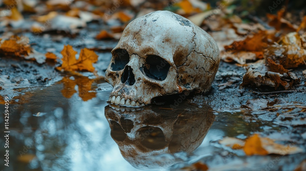 A weathered skull rests in a puddle surrounded by fallen autumn leaves.