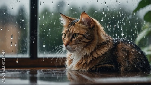 A longhaired tabby cat sits by a window, watching the rain fall.  The soft light and dark fur create a cozy, contemplative mood. photo