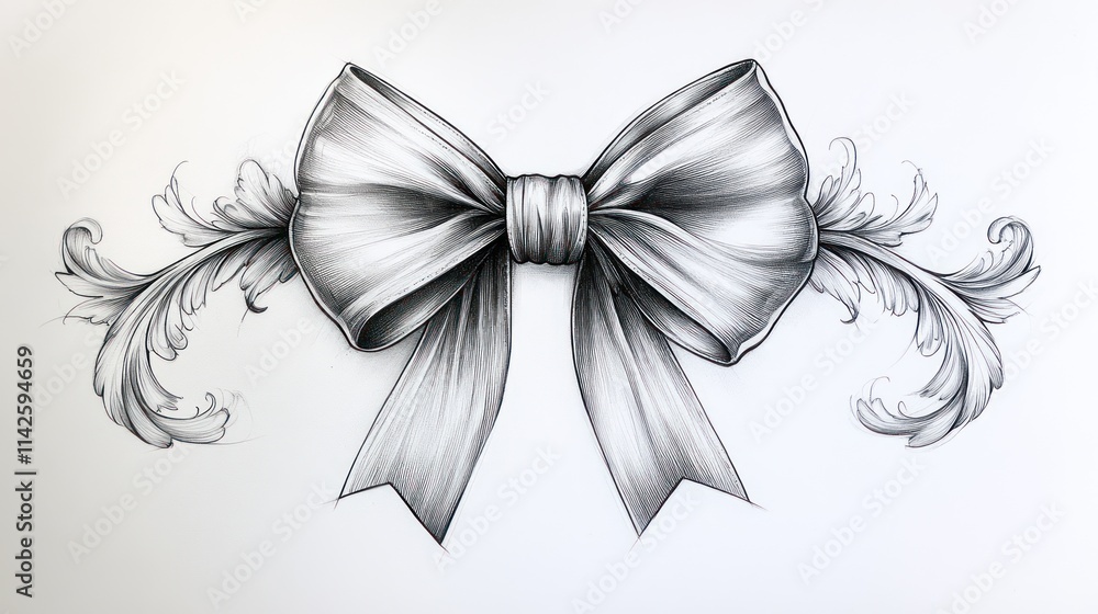 Elegant grayscale pencil sketch of a large bow with ornate swirls. Elegant grayscale pencil sketch of a large bow with ornate swirls.