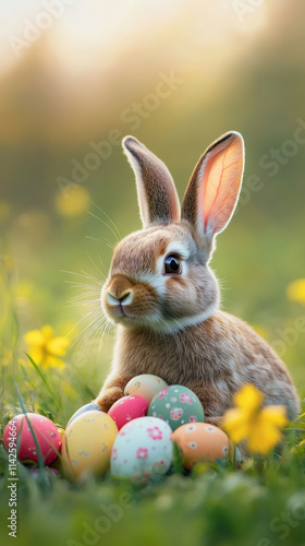 Charming easter bunny surrounded by colorful eggs in a sunny meadow, basking in the warm glow of the sunset