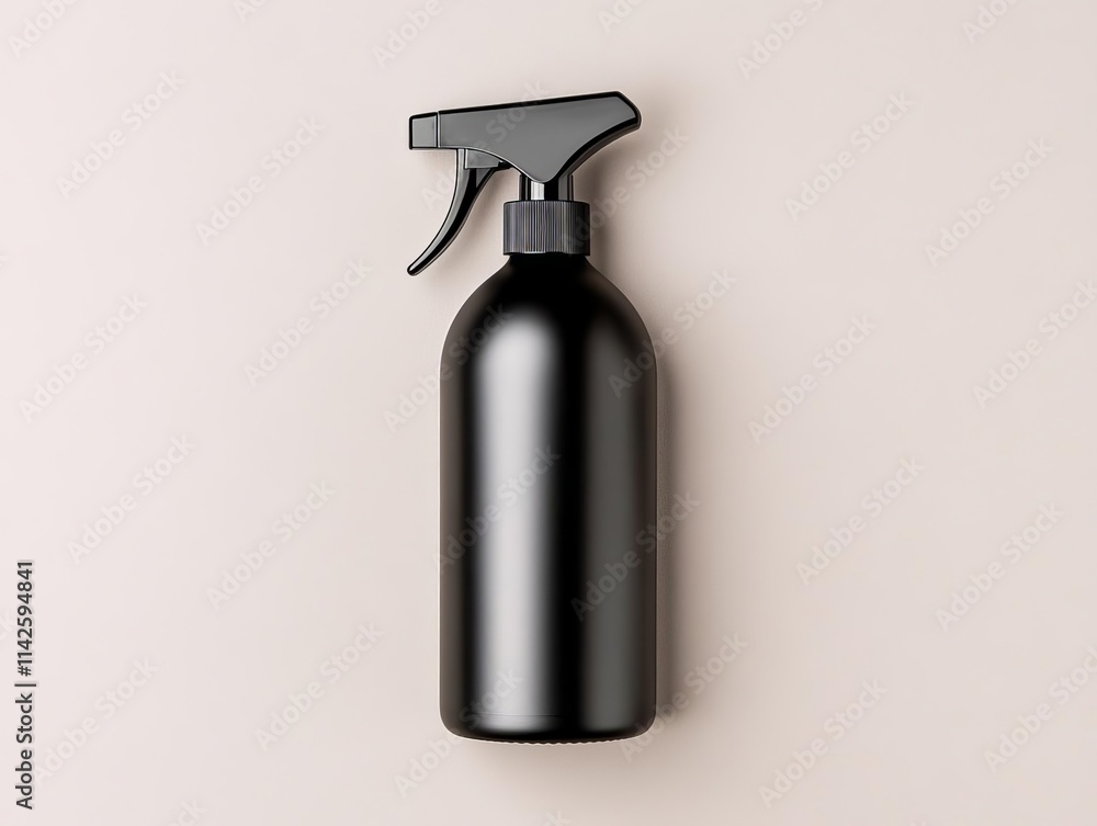 Matte black spray bottle with a flat lay arrangement, captured on a smooth studio background with a neutral gray gradient Matte black spray bottle with a flat lay arrangement, captured on a smooth studio background with a neutral gray gradient