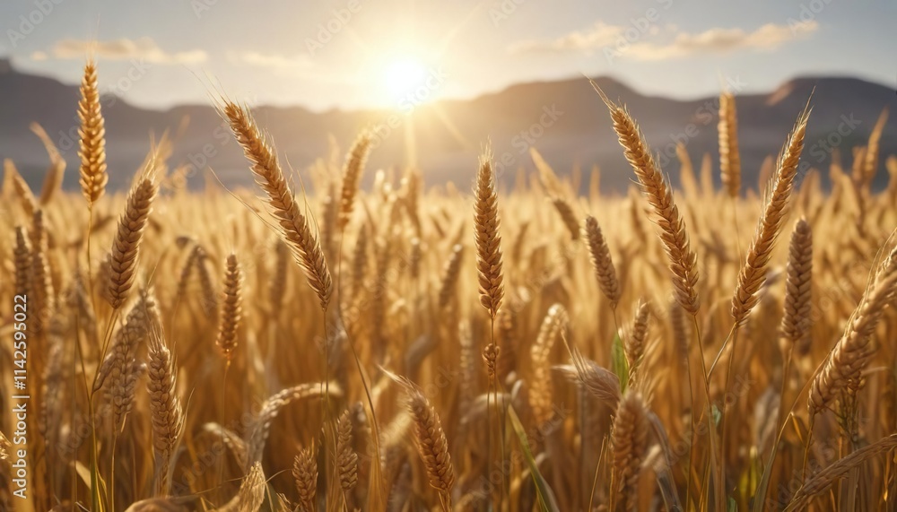 The golden color of mature wheat is illuminated by the warm sunlight on a clear sunny day, harvest season, golden wheat field, sunny day The golden color of mature wheat is illuminated by the warm sunlight on a clear sunny day, harvest season, golden wheat field, sunny day