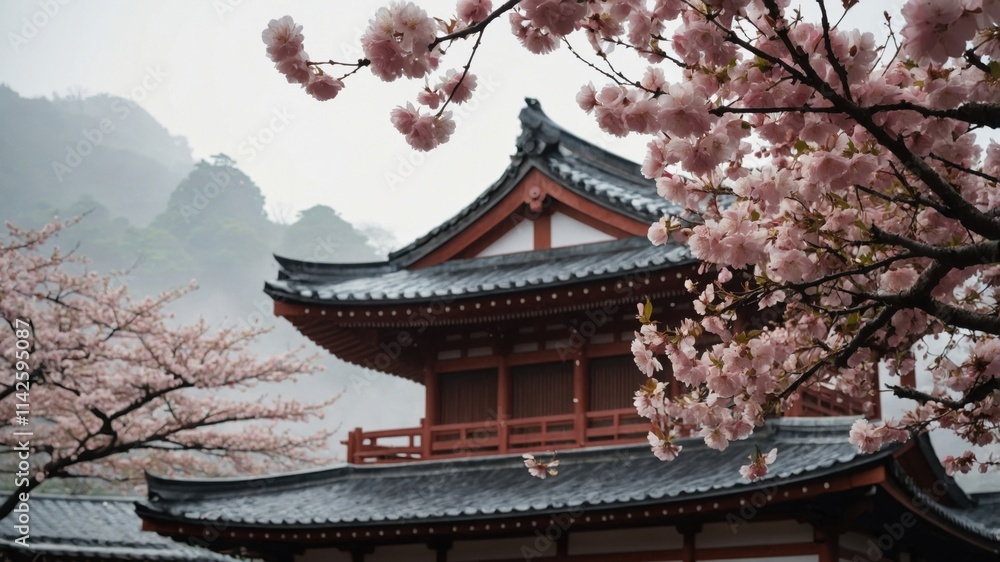 Peaceful Asian temple nestled amongst blossoming cherry trees. Delicate pink flowers frame the building's intricate architecture against a misty mountain backdrop. Peaceful Asian temple nestled amongst blossoming cherry trees. Delicate pink flowers frame the building's intricate architecture against a misty mountain backdrop.