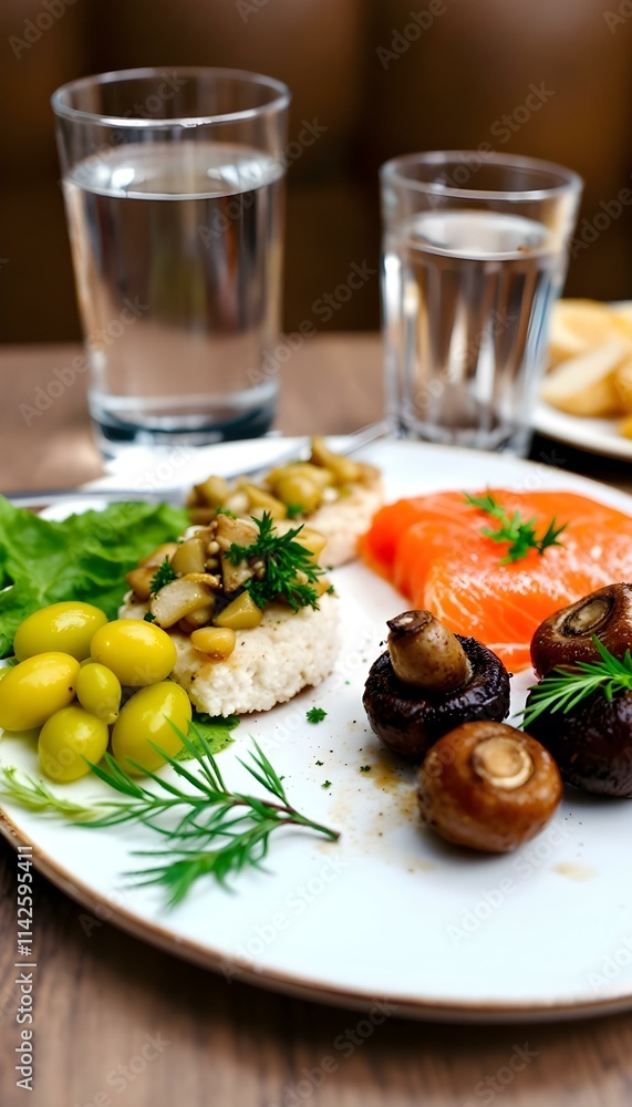 Healthy Appetizer Plate with Smoked Salmon Olives and Mushrooms Healthy Appetizer Plate with Smoked Salmon Olives and Mushrooms