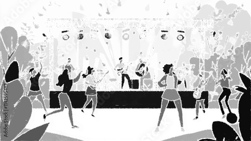 Outdoor music festival illustration with people dancing and musicians performing on stage. Vector ico