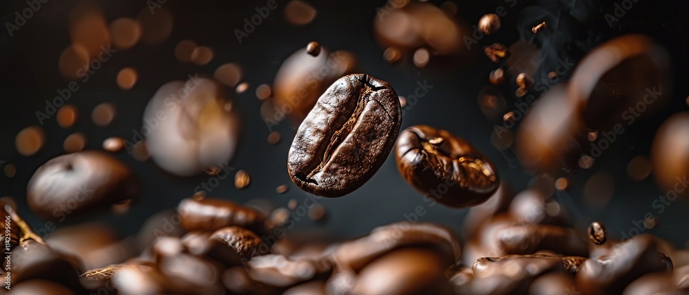 Roasted coffee beans falling against dark backdrop Roasted coffee beans falling against dark backdrop