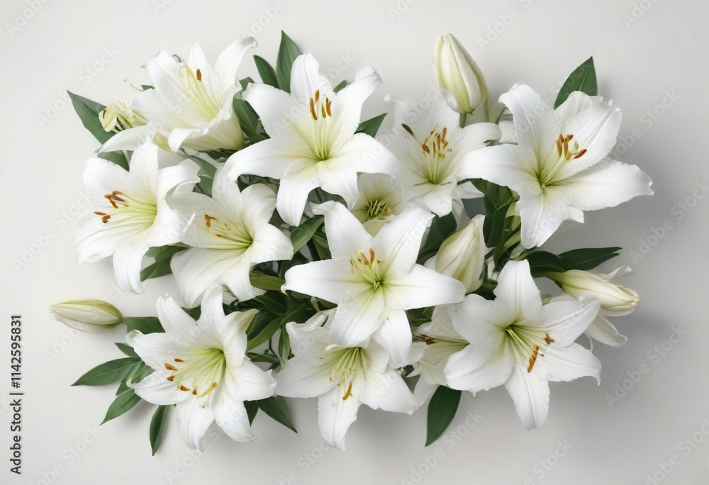 Obraz premium Top view of white lilies lying flat on white surface, zen, flat lay