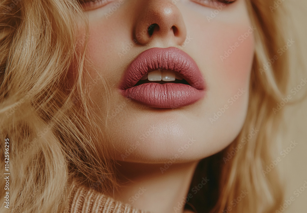 Soft glam makeup look highlighting full lips and flawless skin in a warm-toned aesthetic indoors Soft glam makeup look highlighting full lips and flawless skin in a warm-toned aesthetic indoors