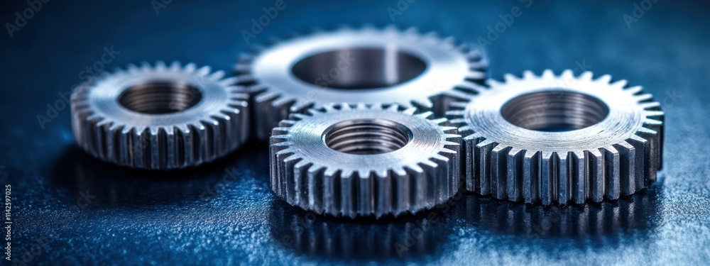 A collection of metallic gears arranged on a surface, showcasing industrial design.