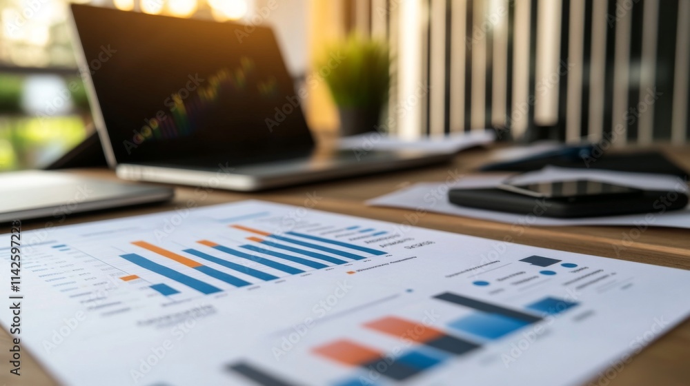 Business Analytics and Graphs on Office Desk with Laptop and Phone Business Analytics and Graphs on Office Desk with Laptop and Phone