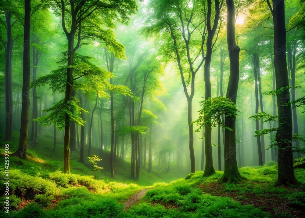 Fototapeta premium Foggy Green Forest Long Exposure Photography - Overcast Nature Scene, Misty Woodland, Green Trees, Atmospheric Landscape