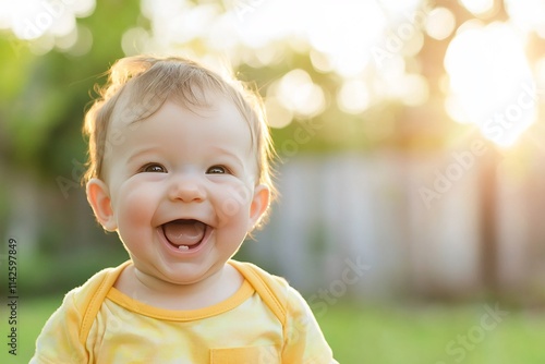 Delightful Infant s Radiant Infectious Laughter Fills Sunlit Backyard in Fauvist Inspired Portrait photo