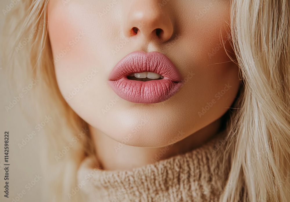 Close-up view of a woman showcasing her makeup with a focus on her lips and soft tones at a cozy indoor setting Close-up view of a woman showcasing her makeup with a focus on her lips and soft tones at a cozy indoor setting