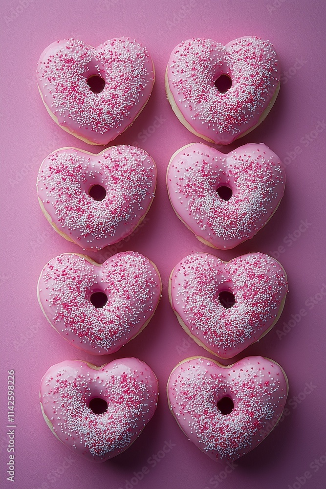 Eight, heart-shaped, pink donuts with holes and sprinkles arranged in two rows on a pastel pink background. Valentine, cute concept.