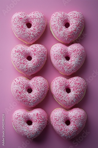 Obraz na płótnie Eight, heart-shaped, pink donuts with holes and sprinkles arranged in two rows on a pastel pink background. Valentine, cute concept. w salonie