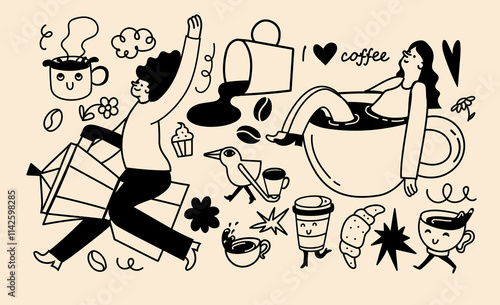 Coffee vector illustration set in trendy flat simple linear style, funny mascot and cartoon character, friendly sticker and badge for advertising, social media