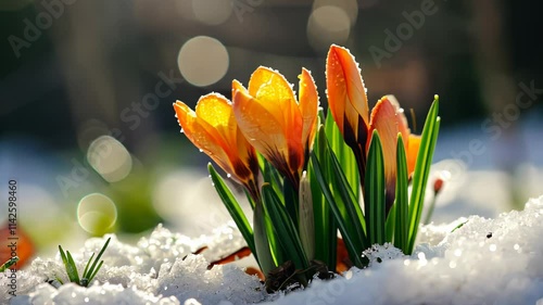Bright orange crocuses bloom amidst melting snow in early spring