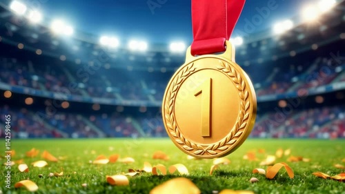 Gold medal for winning a football tournament against the backdrop of a stadium and confetti. photo