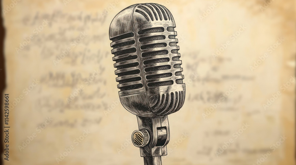 Fototapeta premium Vintage microphone on aged sheet music background.