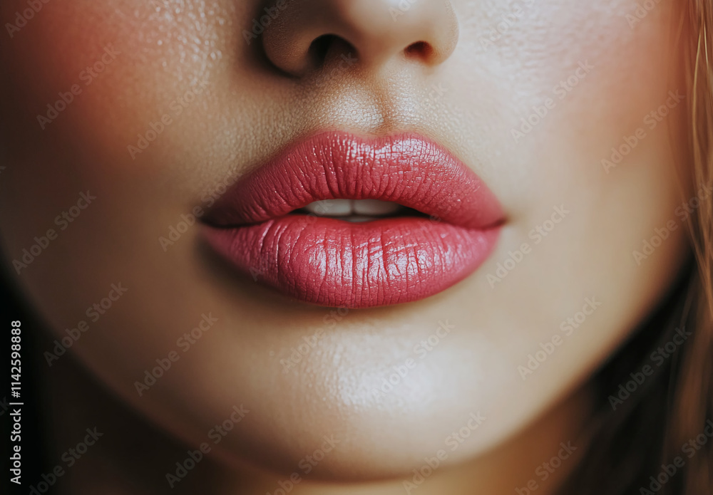 Obraz premium Close-up view of full lips showcasing a bold lipstick color and smooth texture