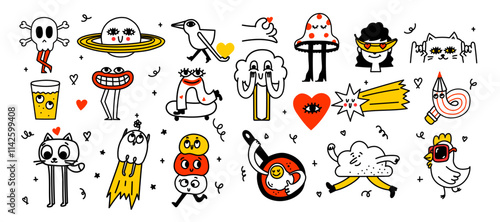 Big vector set of simple doodle minimalistic icons. Hand drawn logos in children's drawings style. Design elements. Cartoon style. Flat design.