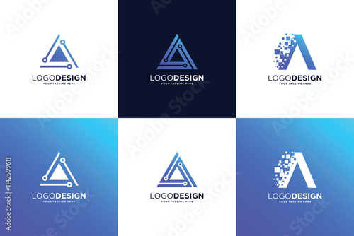 Set of letter A logo design with technology concept