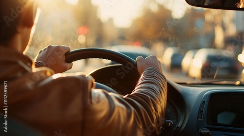 Fototapeta Naklejka Na Ścianę i Meble -  Man driving car at sunset in city traffic jam