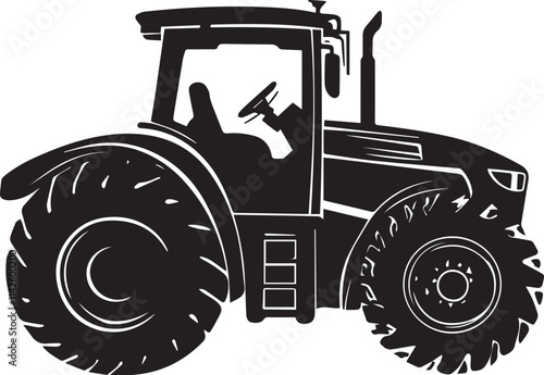 Modern Farm Tractor Silhouette graphic vector black and white