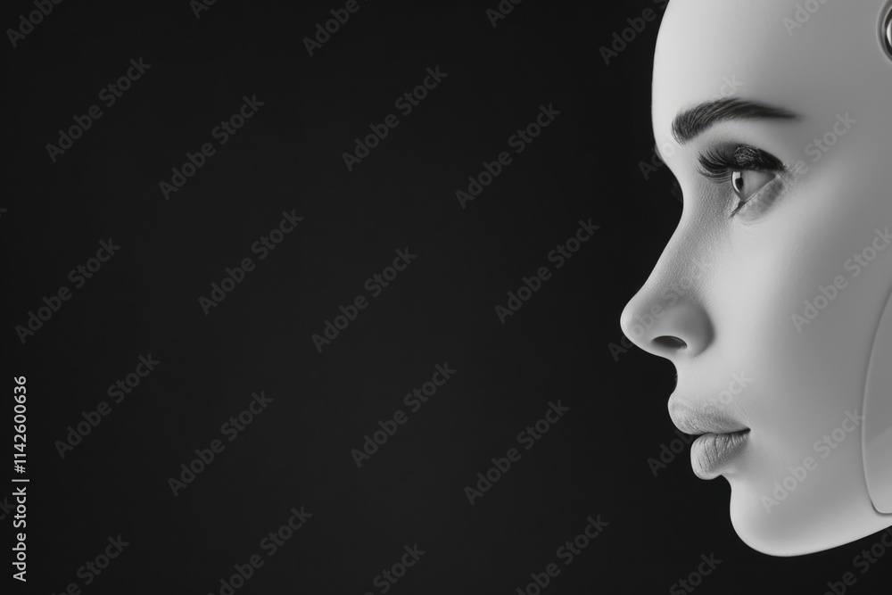 Side profile of humanoid robot with futuristic design on black background Side profile of humanoid robot with futuristic design on black background