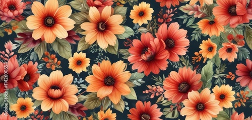Wallpaper Mural Watercolor seamless pattern with vibrant autumn flowers, colorful, berries Torontodigital.ca
