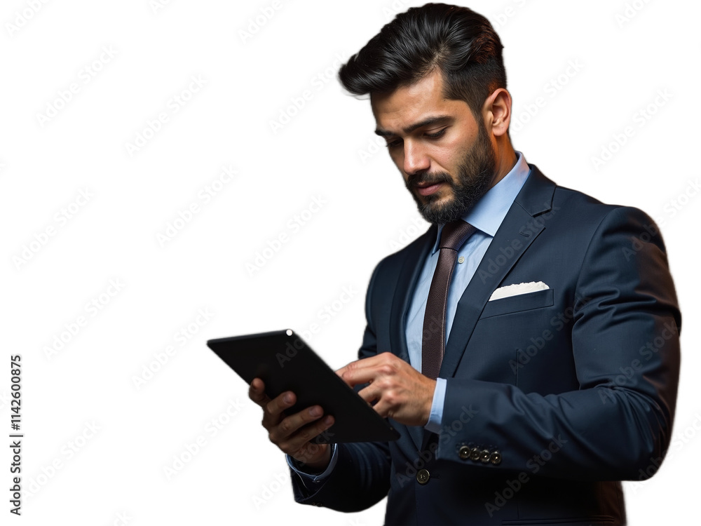 Professional man in suit using tablet for business communication on isolated white background Professional man in suit using tablet for business communication on isolated white background