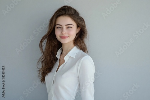 A young woman with wavy long hair displays a warm smile while dressed in a white shirt, posing in front of a soft gray backdrop. Generative AI