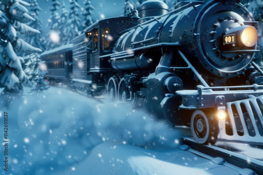 Fototapeta premium Vintage steam train traveling through snowy forest at night