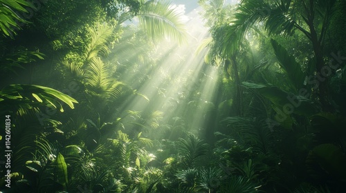 A dense Amazon rainforest, with sunlight shining through dense leaves, casting faint shadows on the ground. Surrealing cinematic lighting and vivid green tones.