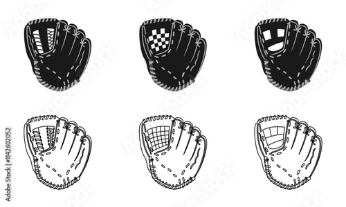 baseball gloves set with different model and type. vector illustration isolated on white background.