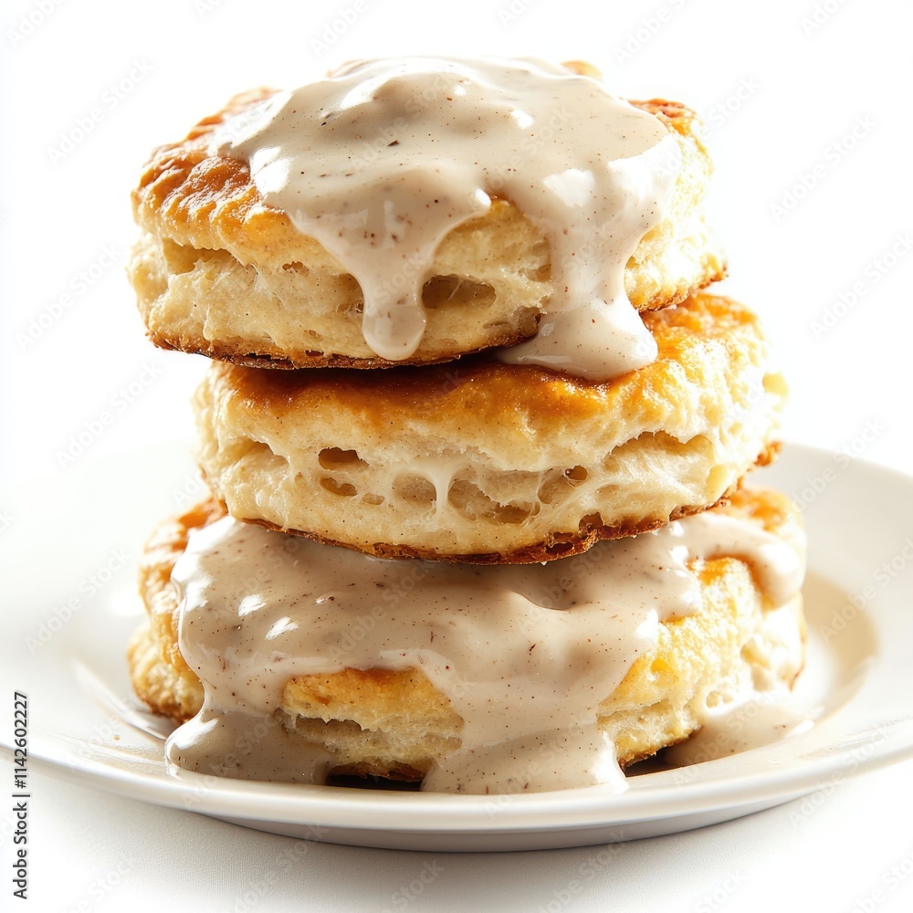 Stack of fluffy biscuits with creamy cinnamon sauce on white plate Stack of fluffy biscuits with creamy cinnamon sauce on white plate
