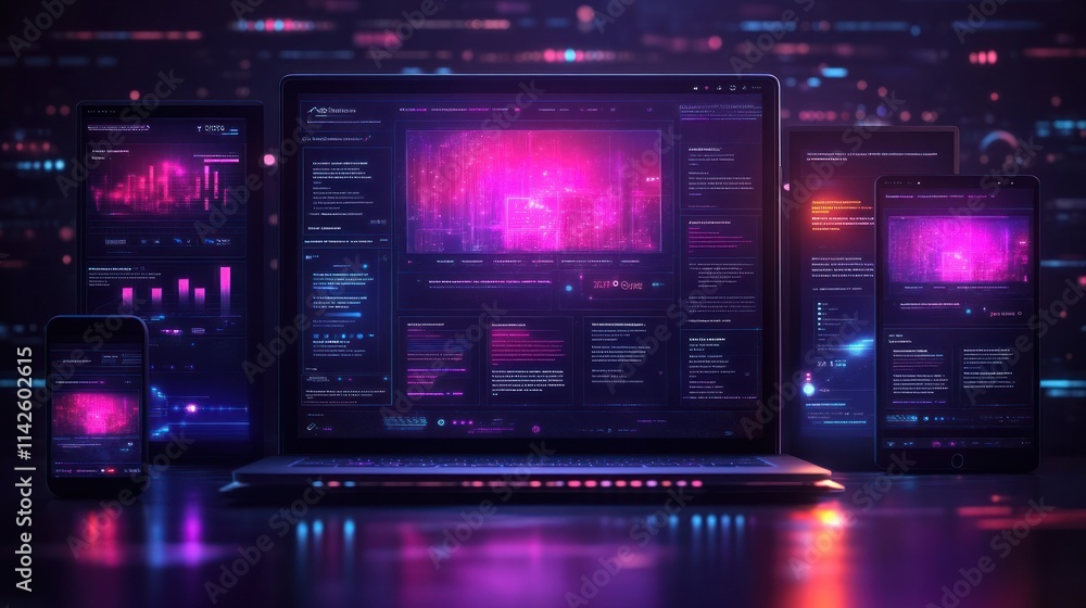 Futuristic devices displaying vibrant data visuals. Futuristic devices displaying vibrant data visuals.