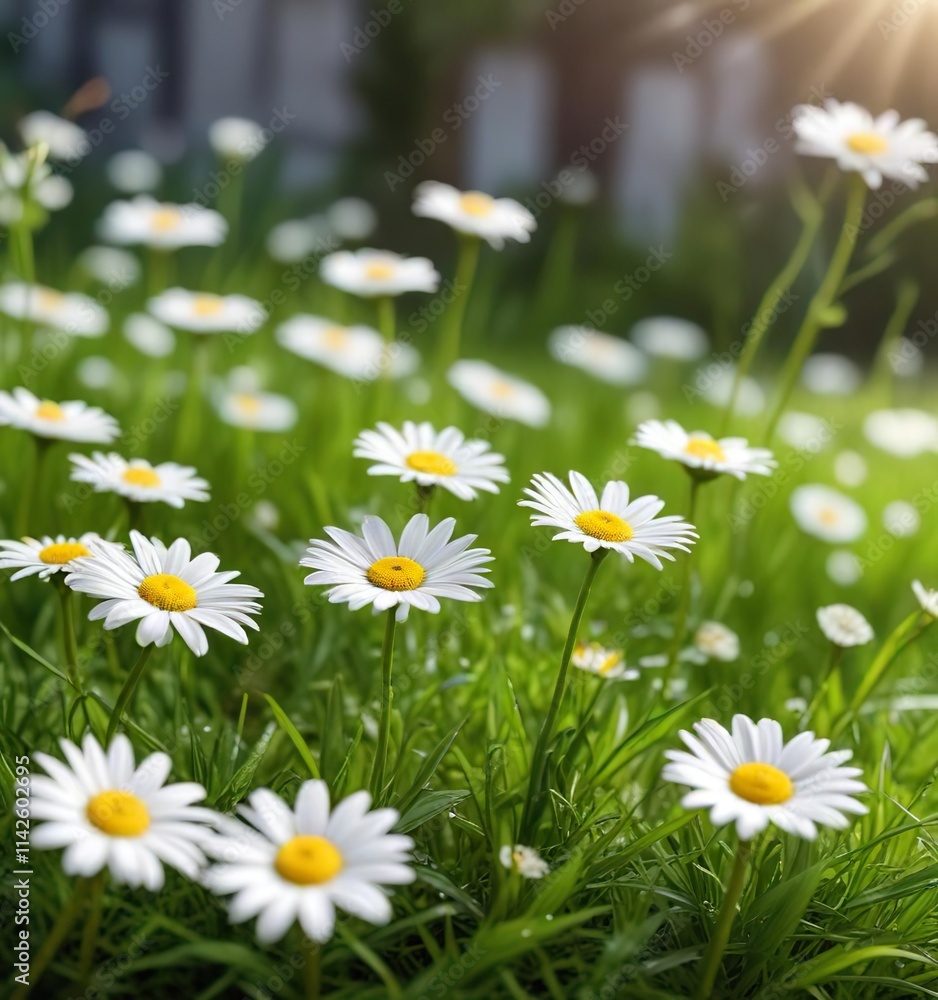 White daisy flowers blooming on fresh green grass with soft bokeh light background, outdoors, delicate, garden, floral White daisy flowers blooming on fresh green grass with soft bokeh light background, outdoors, delicate, garden, floral