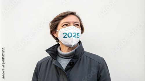 Woman Wearing 2025 Mask - Hope, future, anticipation, protection, new year.  A woman looks towards the future, masked and ready. photo