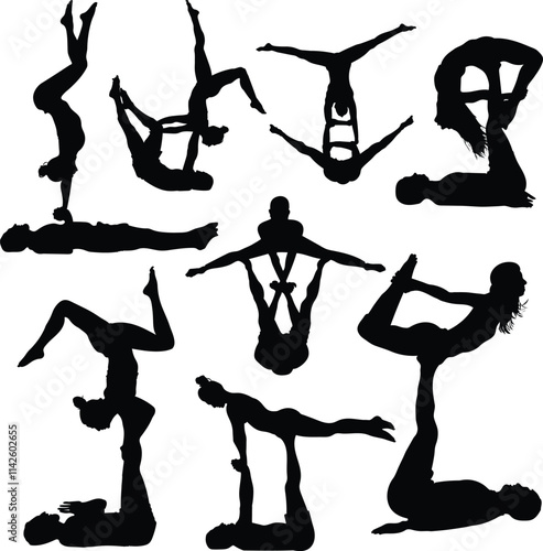 Set of silhouettes of man and woman in various acroyoga positions