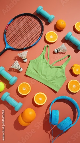 Health and fitness flat lay featuring rackets, oranges, and headphones photo