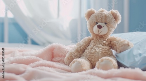 Cozy teddy bear on soft pink fleece blanket in sunlit bedroom