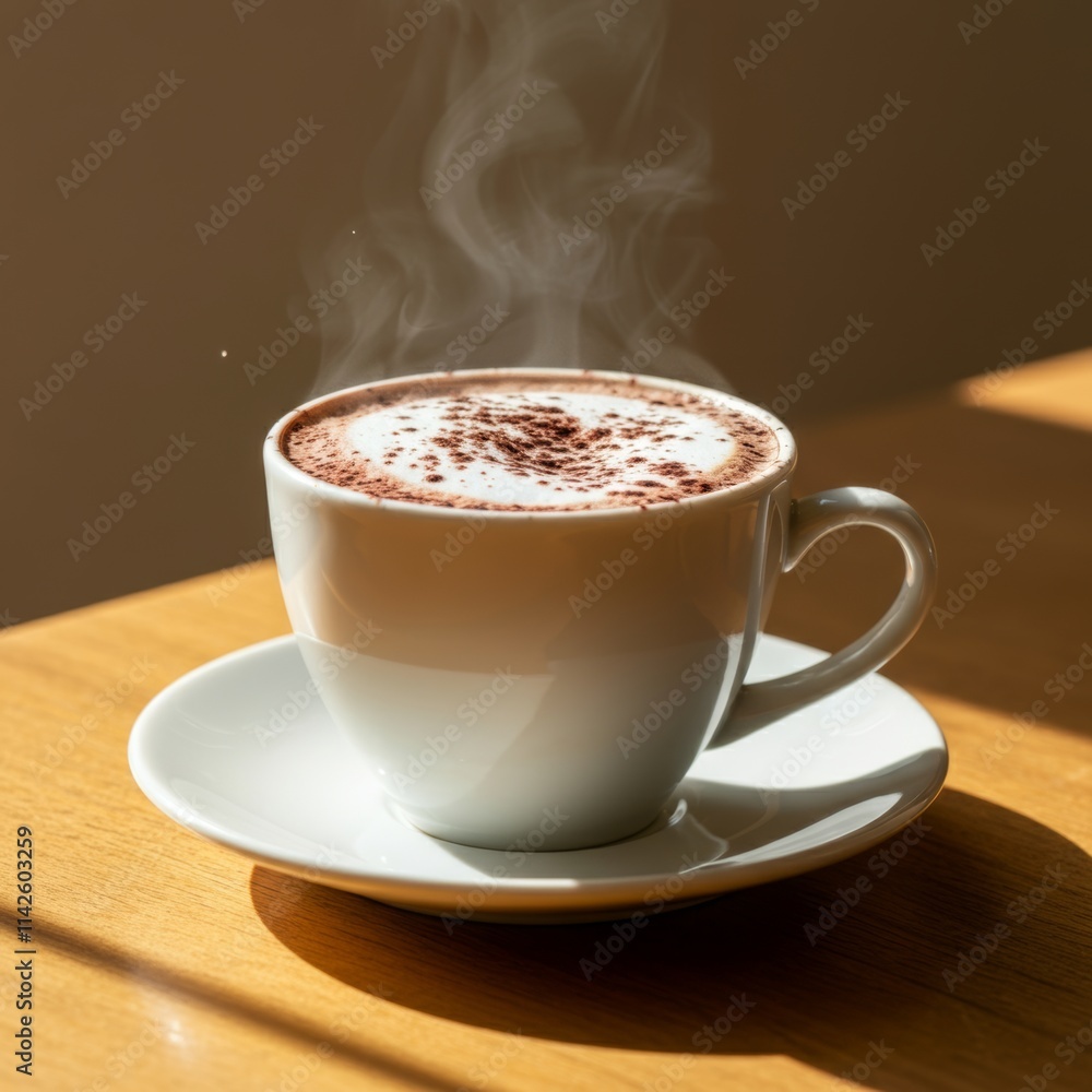 Obraz premium Steaming hot cappuccino in white cup on wooden table with sunlight